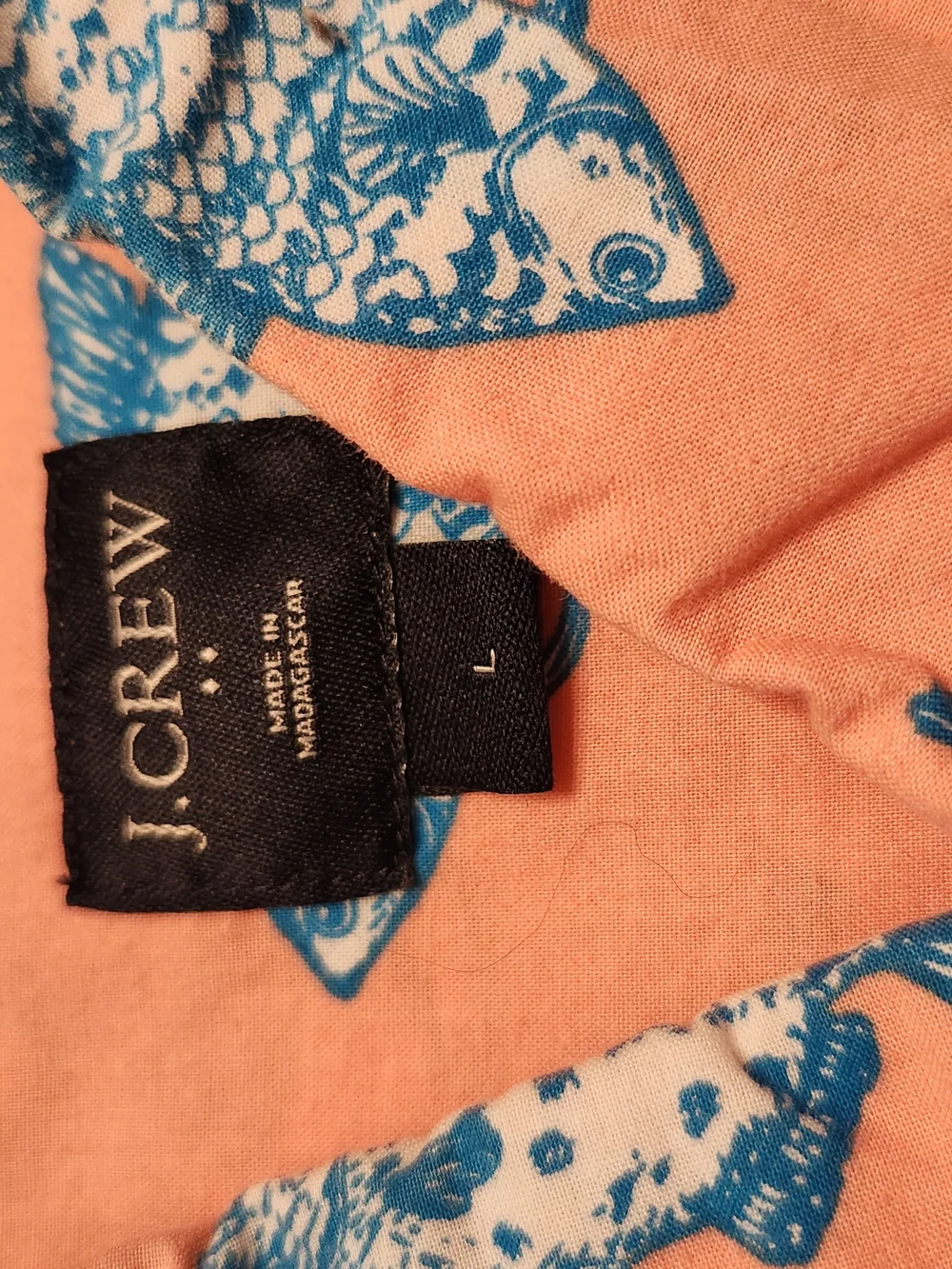 J.CREW Fisherman Orange Blue Fish Print Button-Down Short Sleeve Shirt Size L